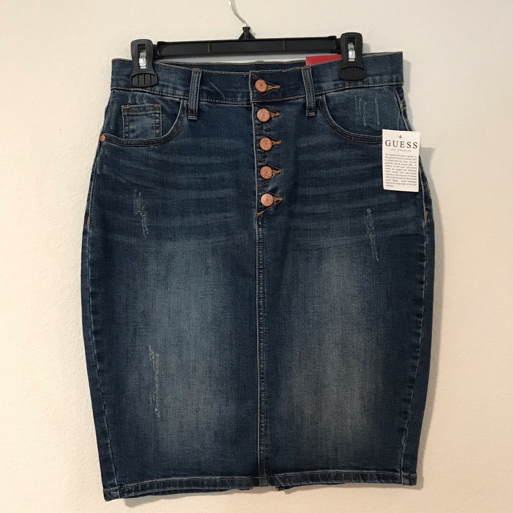 NWT GUESS Blue Denim Button-Front Midi Pencil Skirt